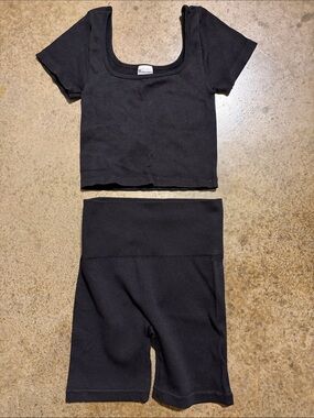 No Boundaries Ribbed Black Two-Piece Crop Top & High-Waist Bike Shorts